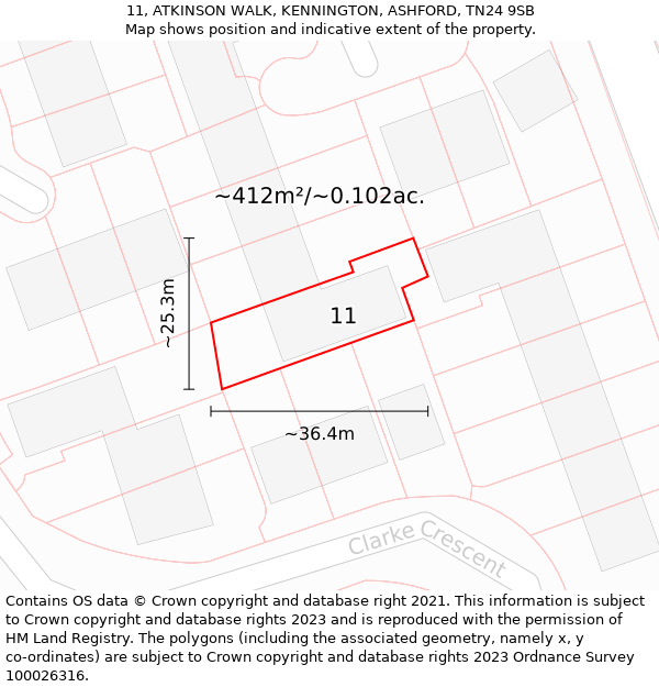 11, ATKINSON WALK, KENNINGTON, ASHFORD, TN24 9SB: Plot and title map