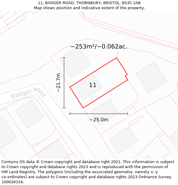 11, BADGER ROAD, THORNBURY, BRISTOL, BS35 1AB: Plot and title map