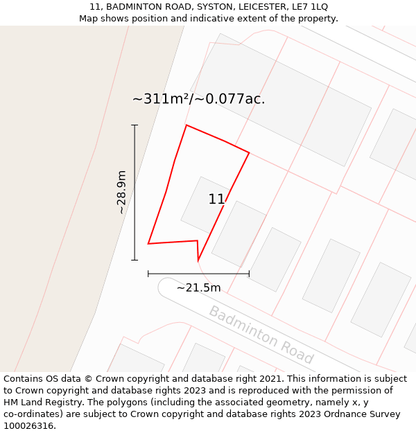 11, BADMINTON ROAD, SYSTON, LEICESTER, LE7 1LQ: Plot and title map