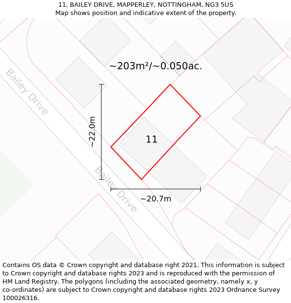 11, BAILEY DRIVE, MAPPERLEY, NOTTINGHAM, NG3 5US: Plot and title map