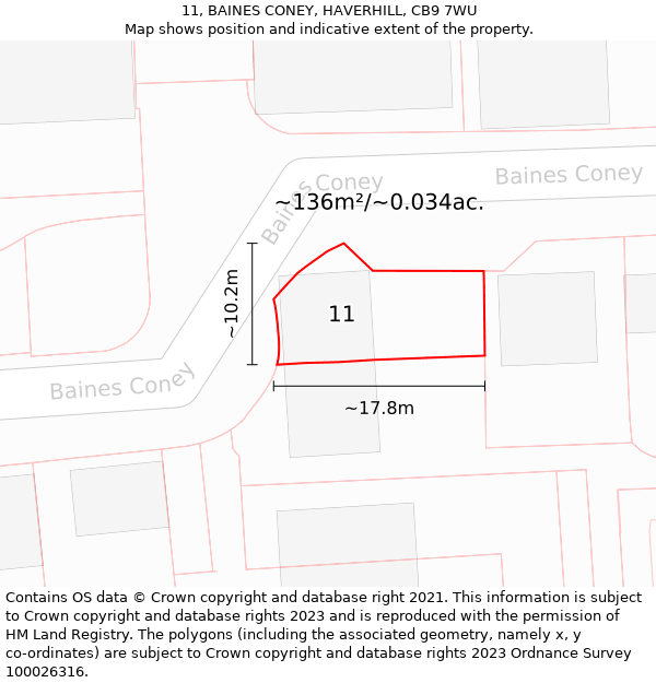 11, BAINES CONEY, HAVERHILL, CB9 7WU: Plot and title map