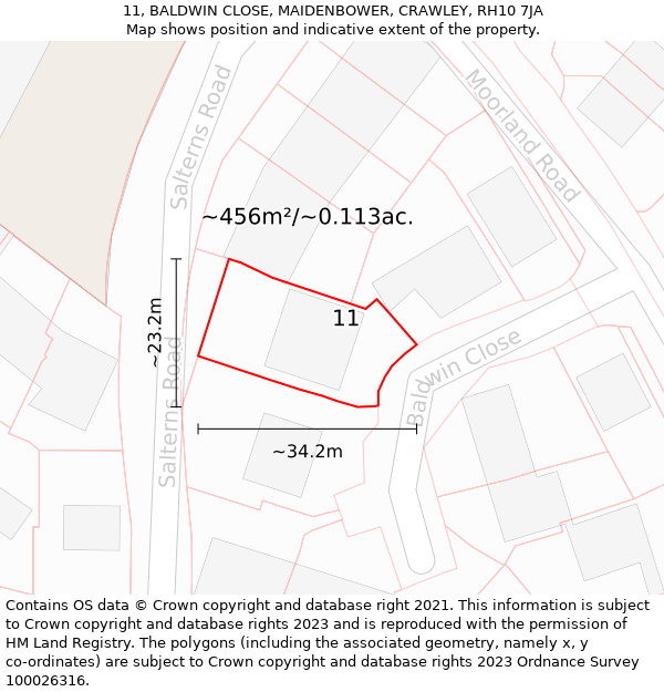 11, BALDWIN CLOSE, MAIDENBOWER, CRAWLEY, RH10 7JA: Plot and title map