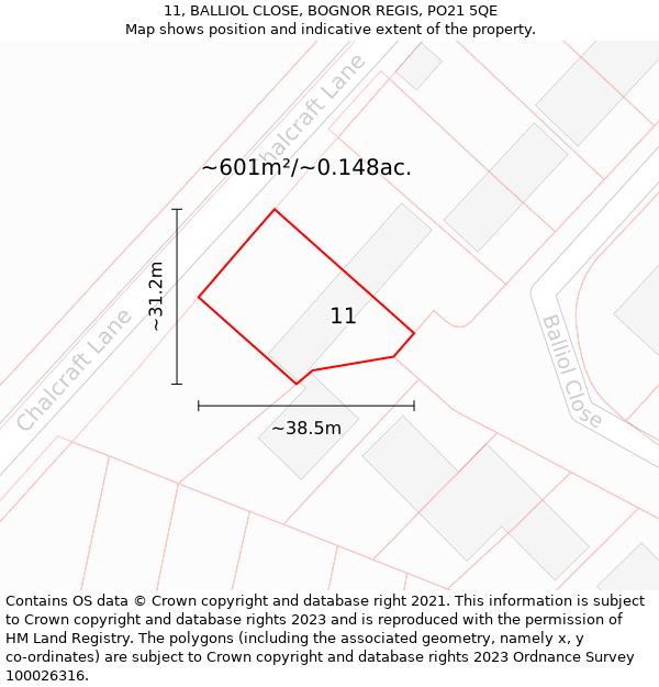 11, BALLIOL CLOSE, BOGNOR REGIS, PO21 5QE: Plot and title map