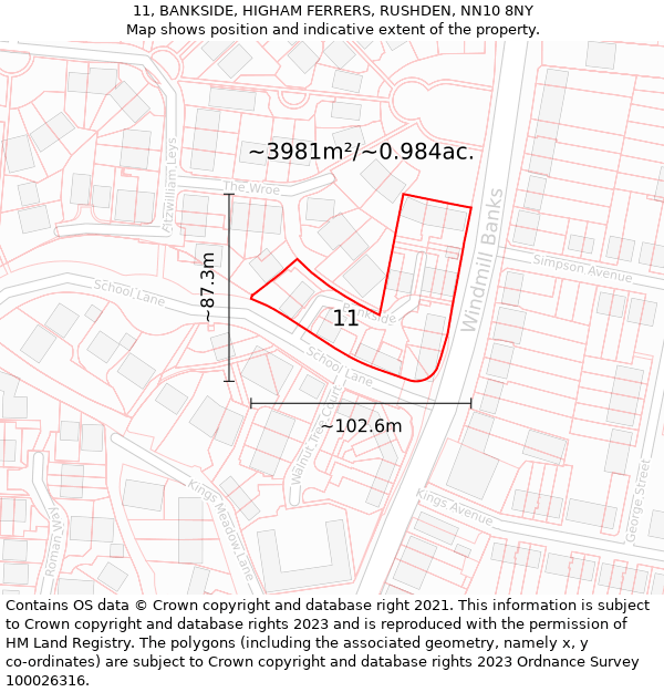 11, BANKSIDE, HIGHAM FERRERS, RUSHDEN, NN10 8NY: Plot and title map