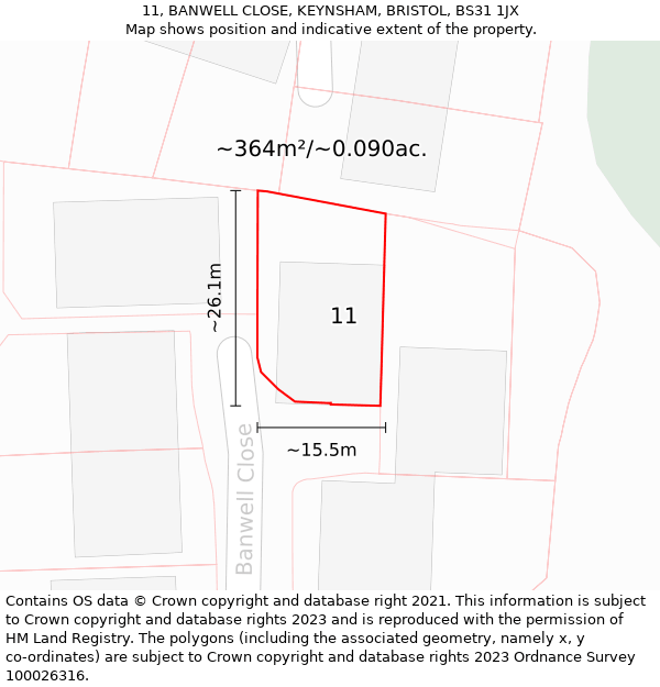 11, BANWELL CLOSE, KEYNSHAM, BRISTOL, BS31 1JX: Plot and title map