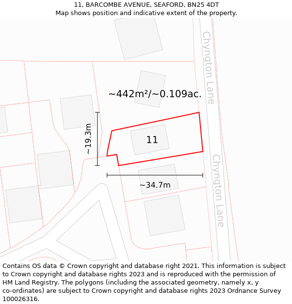11, BARCOMBE AVENUE, SEAFORD, BN25 4DT: Plot and title map