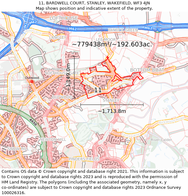 11, BARDWELL COURT, STANLEY, WAKEFIELD, WF3 4JN: Plot and title map