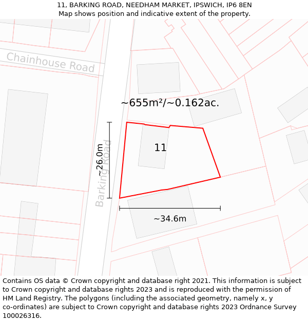 11, BARKING ROAD, NEEDHAM MARKET, IPSWICH, IP6 8EN: Plot and title map