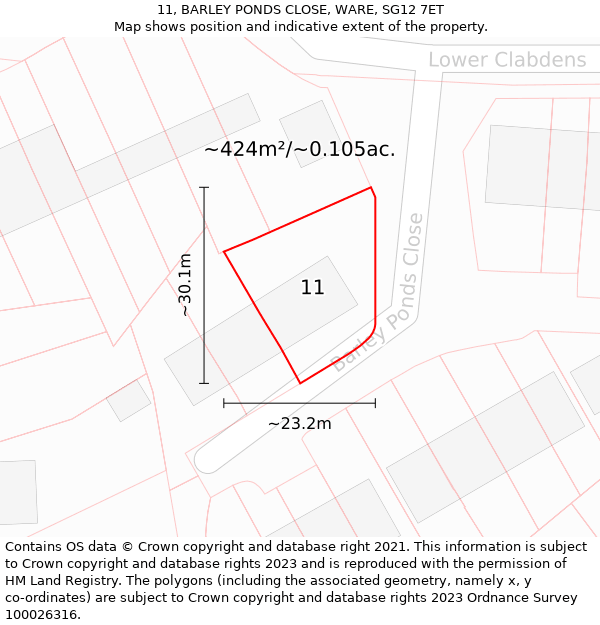 11, BARLEY PONDS CLOSE, WARE, SG12 7ET: Plot and title map