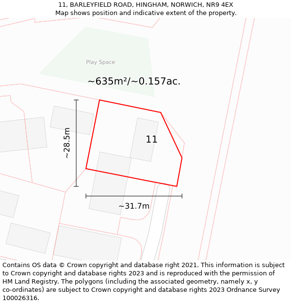 11, BARLEYFIELD ROAD, HINGHAM, NORWICH, NR9 4EX: Plot and title map