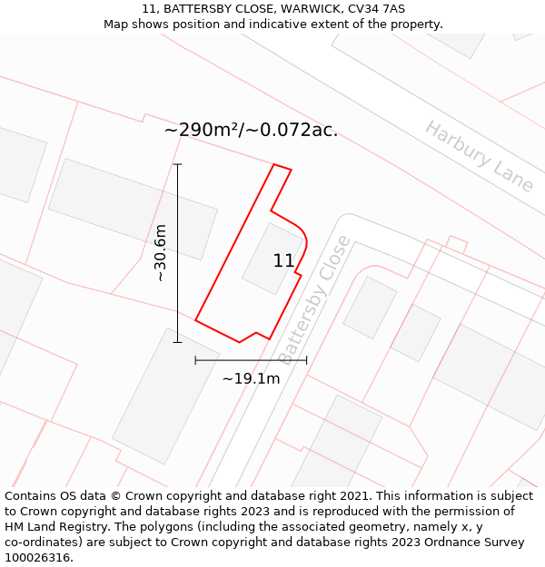 11, BATTERSBY CLOSE, WARWICK, CV34 7AS: Plot and title map