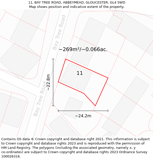 11, BAY TREE ROAD, ABBEYMEAD, GLOUCESTER, GL4 5WD: Plot and title map