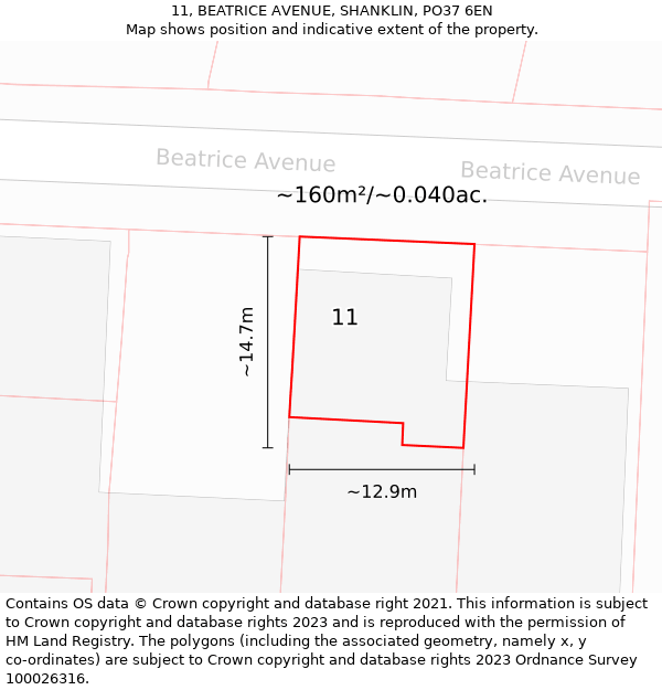 11, BEATRICE AVENUE, SHANKLIN, PO37 6EN: Plot and title map