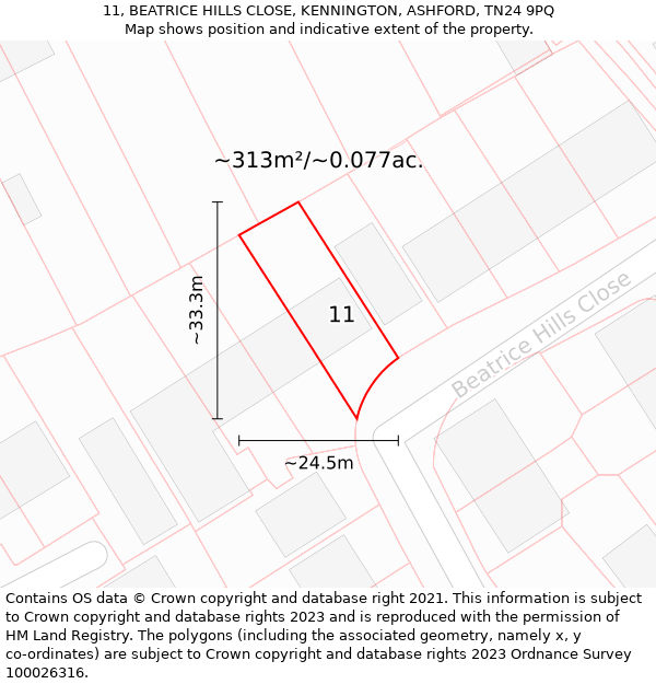 11, BEATRICE HILLS CLOSE, KENNINGTON, ASHFORD, TN24 9PQ: Plot and title map