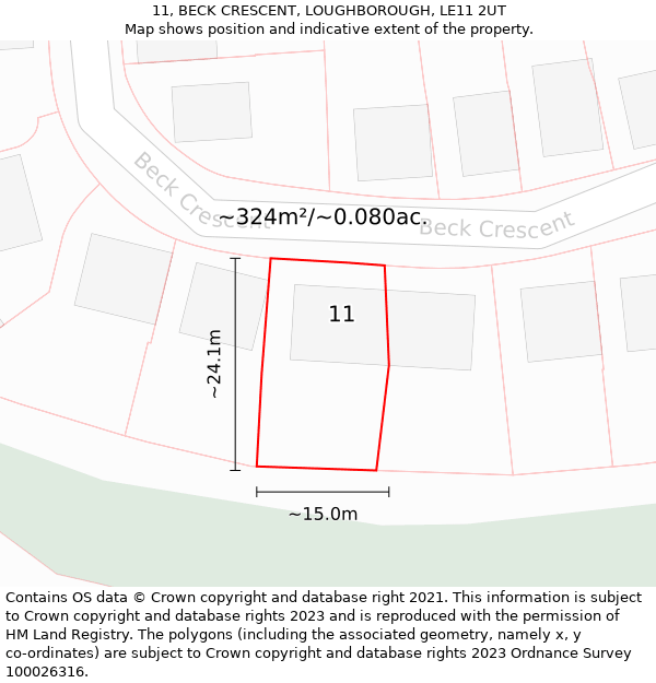 11, BECK CRESCENT, LOUGHBOROUGH, LE11 2UT: Plot and title map