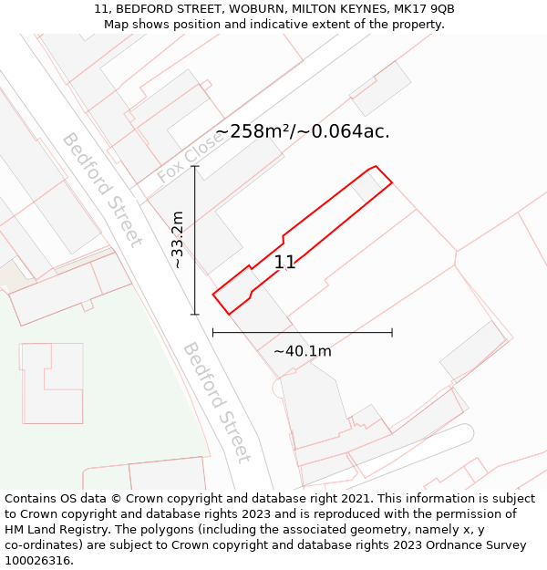 11, BEDFORD STREET, WOBURN, MILTON KEYNES, MK17 9QB: Plot and title map