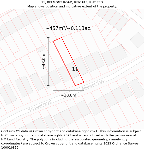 11, BELMONT ROAD, REIGATE, RH2 7ED: Plot and title map