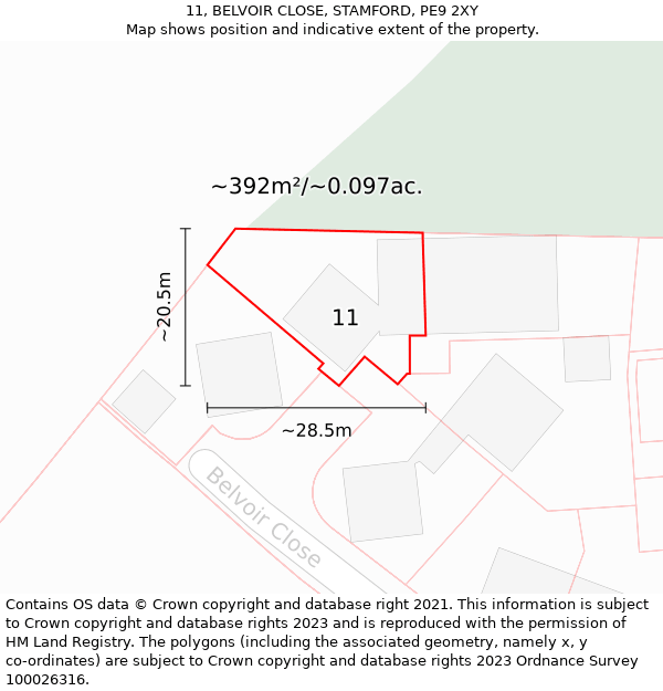 11, BELVOIR CLOSE, STAMFORD, PE9 2XY: Plot and title map