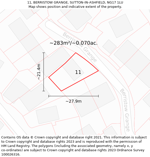 11, BERRISTOW GRANGE, SUTTON-IN-ASHFIELD, NG17 1LU: Plot and title map