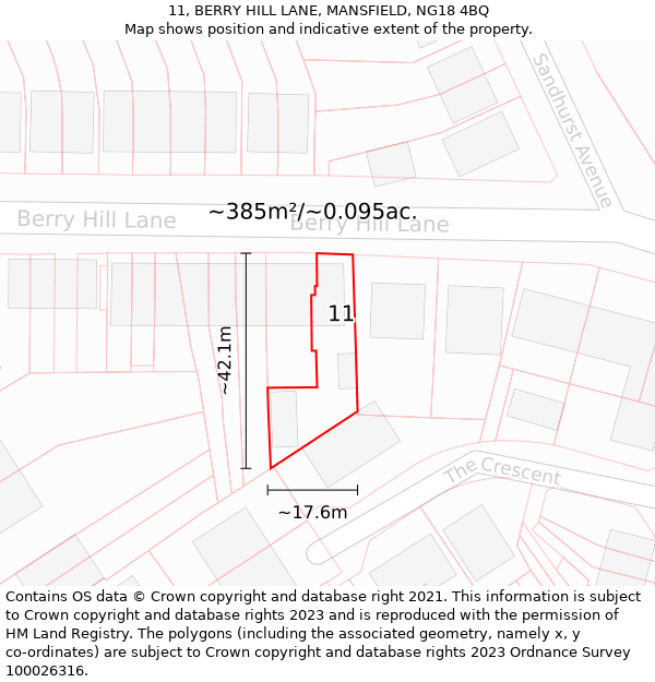 11, BERRY HILL LANE, MANSFIELD, NG18 4BQ: Plot and title map