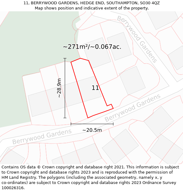 11, BERRYWOOD GARDENS, HEDGE END, SOUTHAMPTON, SO30 4QZ: Plot and title map