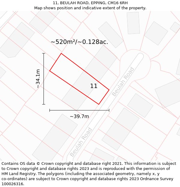 11, BEULAH ROAD, EPPING, CM16 6RH: Plot and title map