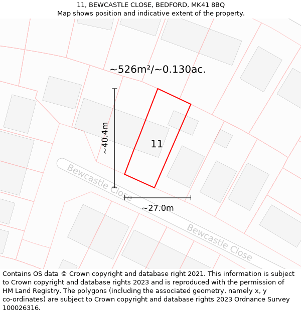 11, BEWCASTLE CLOSE, BEDFORD, MK41 8BQ: Plot and title map