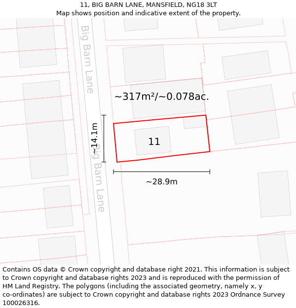 11, BIG BARN LANE, MANSFIELD, NG18 3LT: Plot and title map