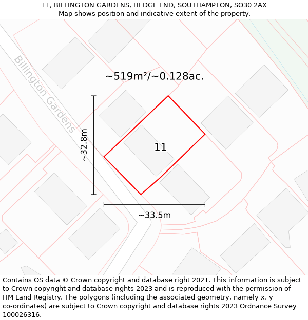 11, BILLINGTON GARDENS, HEDGE END, SOUTHAMPTON, SO30 2AX: Plot and title map