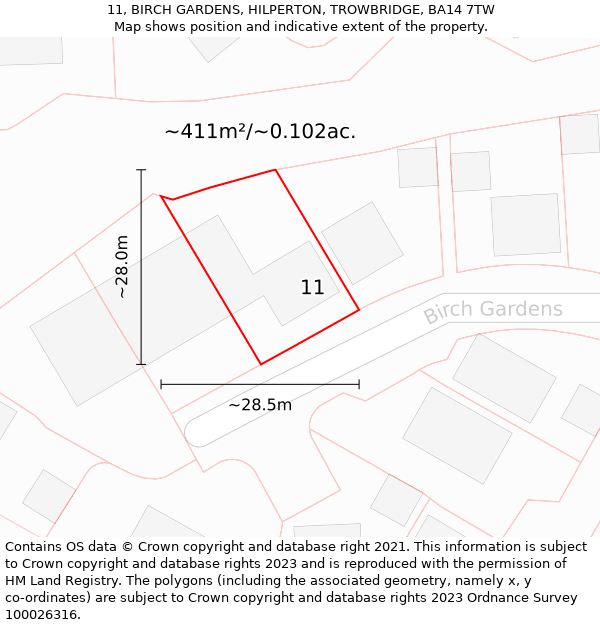 11, BIRCH GARDENS, HILPERTON, TROWBRIDGE, BA14 7TW: Plot and title map