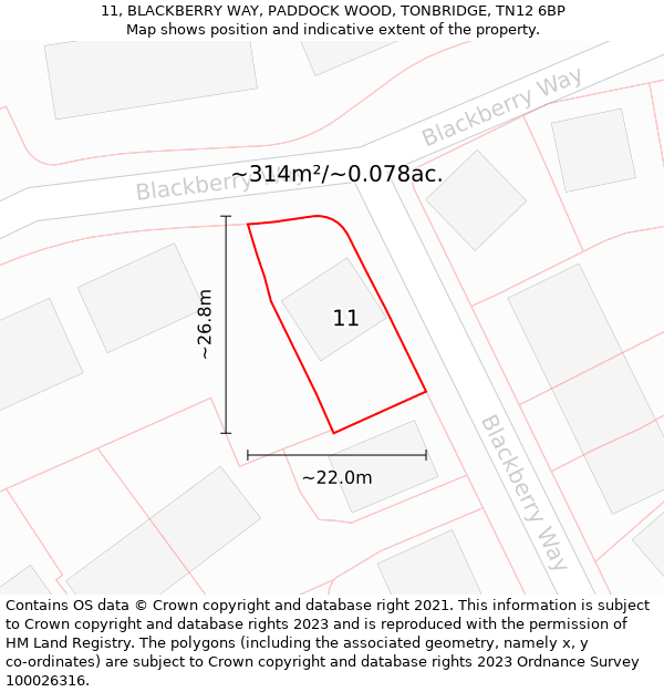 11, BLACKBERRY WAY, PADDOCK WOOD, TONBRIDGE, TN12 6BP: Plot and title map