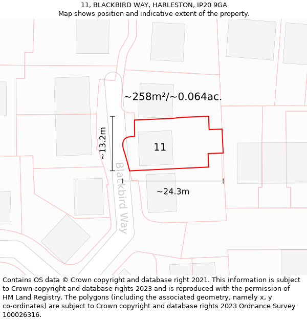 11, BLACKBIRD WAY, HARLESTON, IP20 9GA: Plot and title map