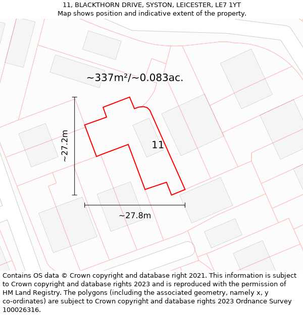 11, BLACKTHORN DRIVE, SYSTON, LEICESTER, LE7 1YT: Plot and title map