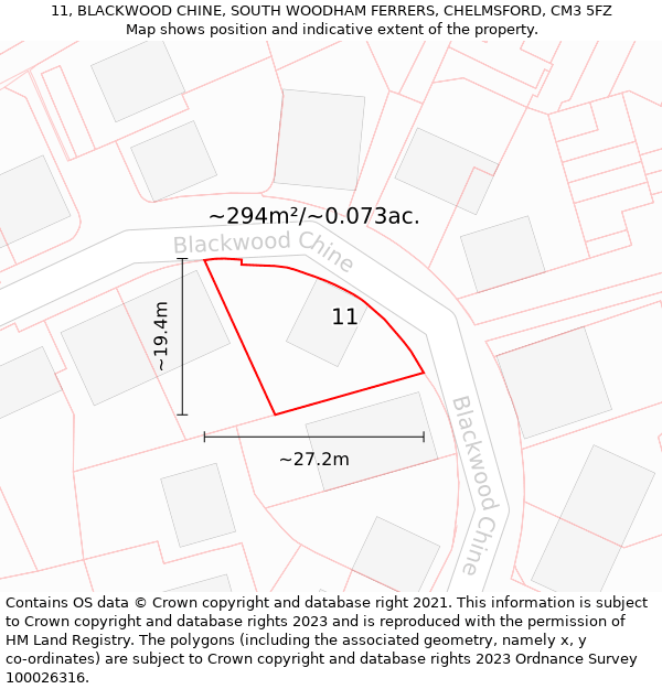 11, BLACKWOOD CHINE, SOUTH WOODHAM FERRERS, CHELMSFORD, CM3 5FZ: Plot and title map