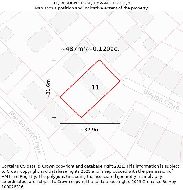 11, BLADON CLOSE, HAVANT, PO9 2QA: Plot and title map