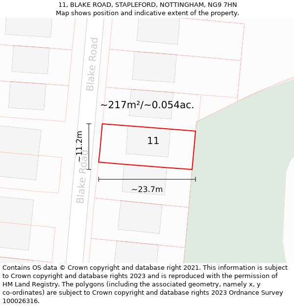 11, BLAKE ROAD, STAPLEFORD, NOTTINGHAM, NG9 7HN: Plot and title map