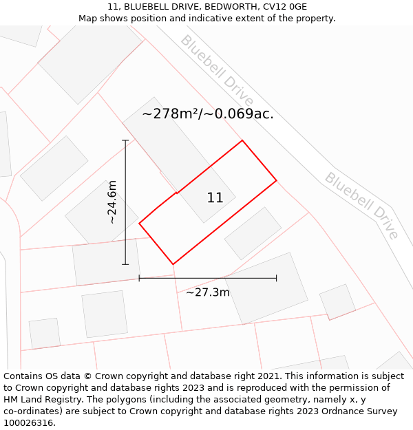 11, BLUEBELL DRIVE, BEDWORTH, CV12 0GE: Plot and title map