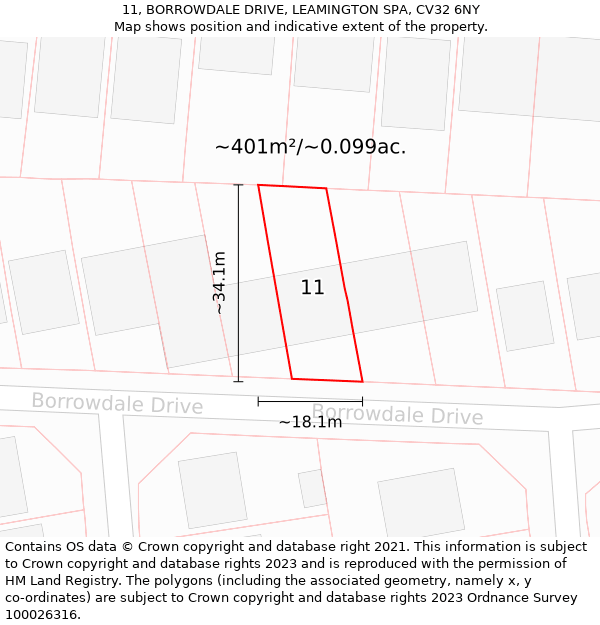 11, BORROWDALE DRIVE, LEAMINGTON SPA, CV32 6NY: Plot and title map