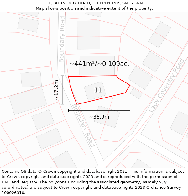 11, BOUNDARY ROAD, CHIPPENHAM, SN15 3NN: Plot and title map