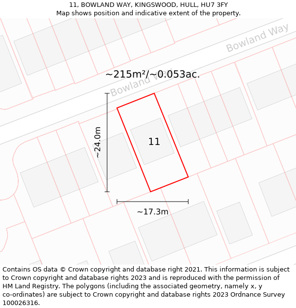 11, BOWLAND WAY, KINGSWOOD, HULL, HU7 3FY: Plot and title map