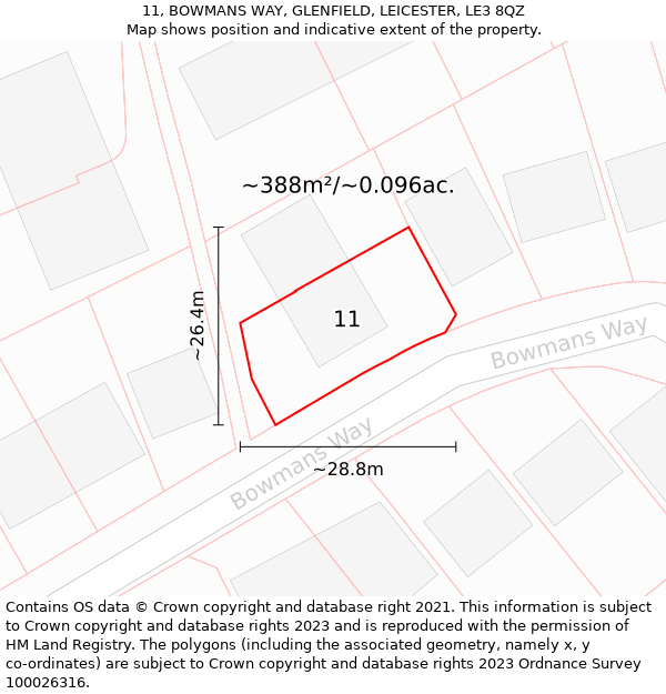 11, BOWMANS WAY, GLENFIELD, LEICESTER, LE3 8QZ: Plot and title map