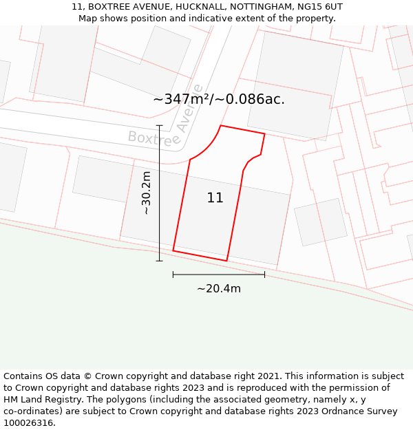 11, BOXTREE AVENUE, HUCKNALL, NOTTINGHAM, NG15 6UT: Plot and title map