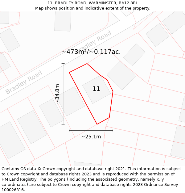 11, BRADLEY ROAD, WARMINSTER, BA12 8BL: Plot and title map