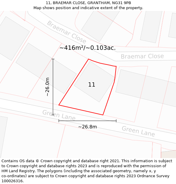 11, BRAEMAR CLOSE, GRANTHAM, NG31 9PB: Plot and title map