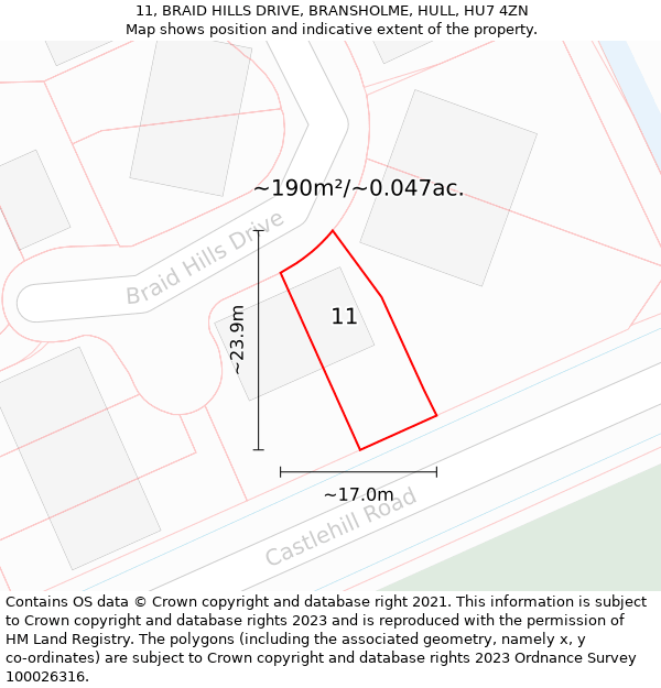 11, BRAID HILLS DRIVE, BRANSHOLME, HULL, HU7 4ZN: Plot and title map