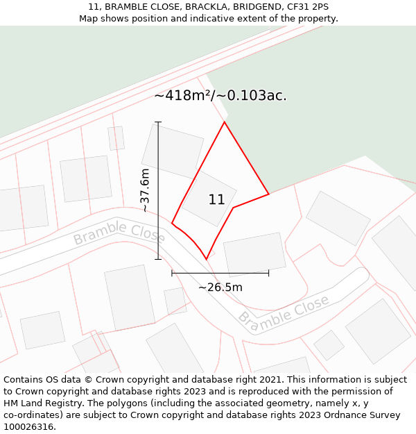 11, BRAMBLE CLOSE, BRACKLA, BRIDGEND, CF31 2PS: Plot and title map