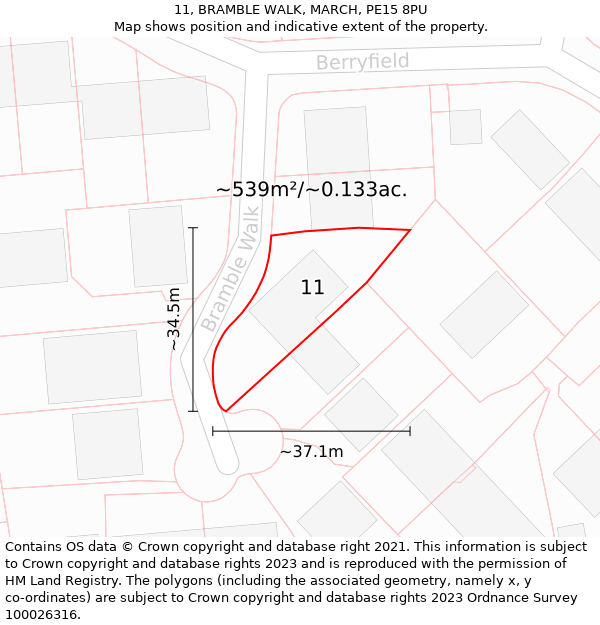 11, BRAMBLE WALK, MARCH, PE15 8PU: Plot and title map