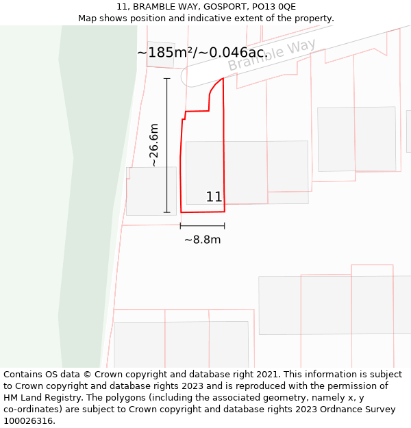 11, BRAMBLE WAY, GOSPORT, PO13 0QE: Plot and title map