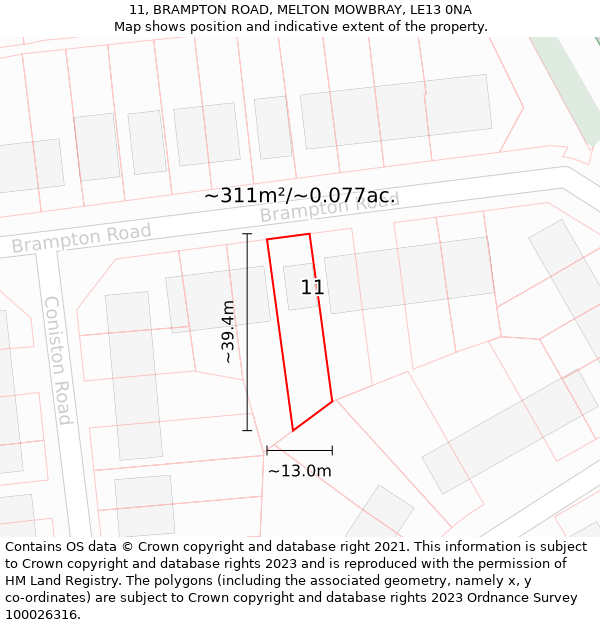 11, BRAMPTON ROAD, MELTON MOWBRAY, LE13 0NA: Plot and title map