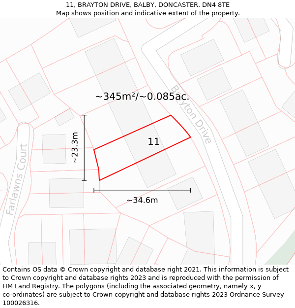 11, BRAYTON DRIVE, BALBY, DONCASTER, DN4 8TE: Plot and title map